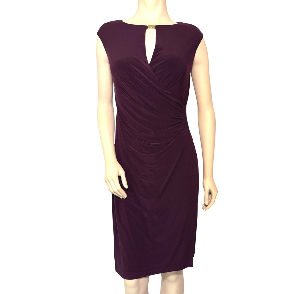 Lauren Ralph Lauren Plum Purple Faux Wrap Sheath Dress Gold Hardware 12 NWT